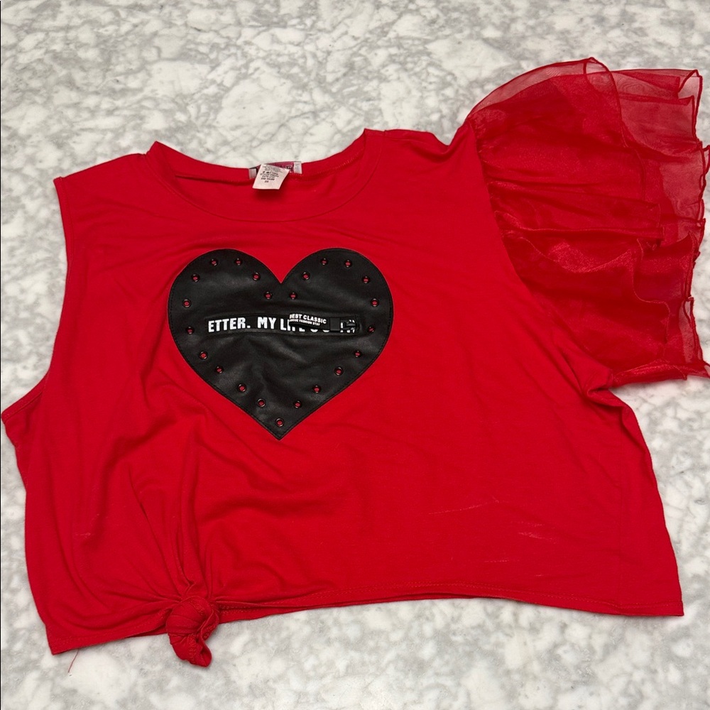 Vibrant Red Kids Tee with Heart Design and Ruffle Sleeve